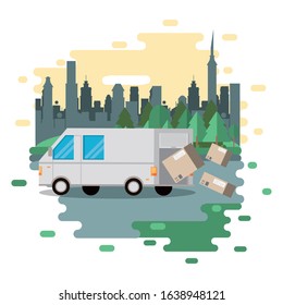 van delivery service on the city scene vector illustration design