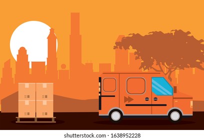 van delivery service on the city scene vector illustration design
