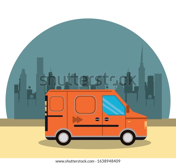 van delivery service on the city scene vector\
illustration design