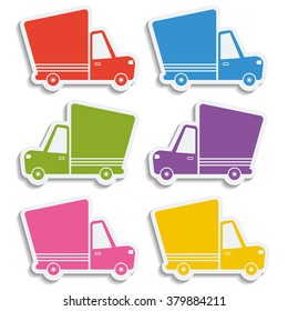 Van delivery set of blank stickers. Free delivery, fast delivery, free shipping colorful logo icons set with blend shadows on white background. Vector.