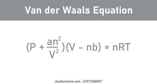 Van der waals equation in chemistry. Pressure, volume, temperature, gas constant and specific constants for each gas. Vector illustration isolated on white background.