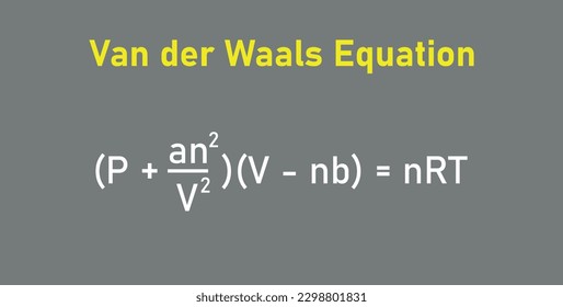 Van der waals equation in chemistry. Pressure, volume, temperature, gas constant and specific constants for each gas. Vector illustration isolated on grey background.