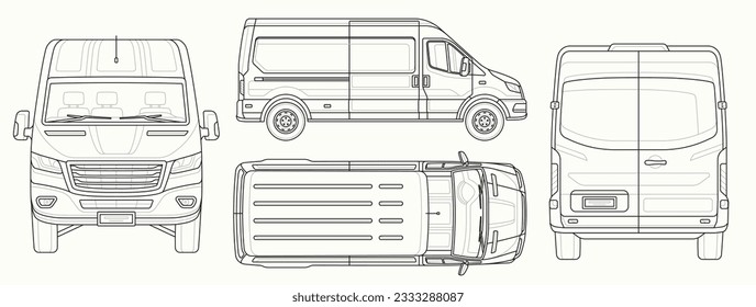 Plantilla de diagrama de Van. Esbozo de esquema con camión ligero o minibus para publicidad automática. Plan de transporte Ford Transit en estilo de arte en línea. Colección lineal vectorial aislada en fondo blanco