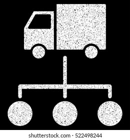 Van Distribution Scheme grainy textured icon for overlay watermark stamps. Flat symbol with dust texture. Dotted vector white ink rubber seal stamp with grunge design on a black background.