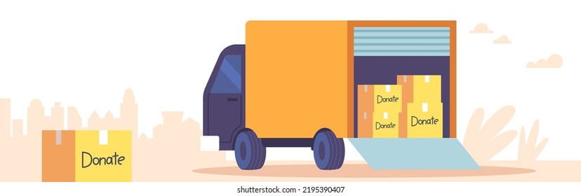 Van with Donation Boxes and Humanitarian Aid Packages to Poor People and Refugees in Need. Charity, Social Help, Carton Packs with Clothes, Food, Stationery, School Stuff. Cartoon Vector Illustration