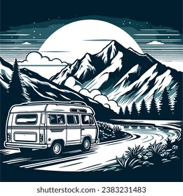 a van driving down a road with mountains in the background