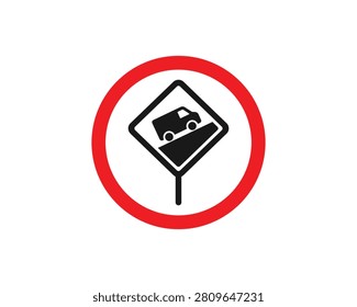 Van driving up steep incline slope warning sign symbol.