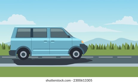 A van driving in sunny day with mountain in background