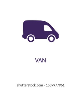 Van element in flat simple style on white background. Van icon, with text name concept template