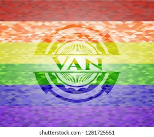 Van emblem on mosaic background with the colors of the LGBT flag