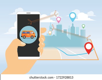 servicio de entrega van express en vector de fondo, aplicación móvil