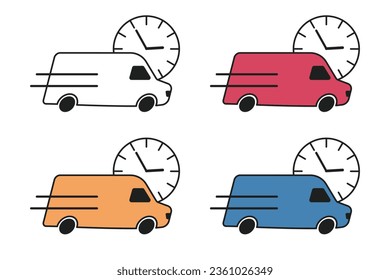 Van fast delivery icon set various colours white blue red orange with clock on the background. Vector
