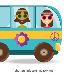 van with flower and hippie people concept