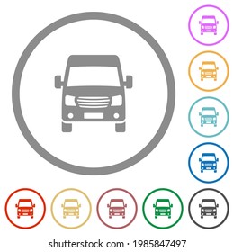 Van front view flat color icons in round outlines on white background