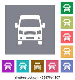Van front view flat icons on simple color square backgrounds