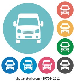 Van front view flat white icons on round color backgrounds
