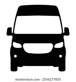 Van front view vector icon. Commercial vehicle, cargo transport, delivery truck. Black silhouette isolated on white background.