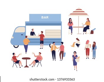 Van and funny people walking beside it, sitting at tables, drinking coffee and talking to each other. Outdoor street food festival, open air event, summer market. Flat cartoon vector illustration.