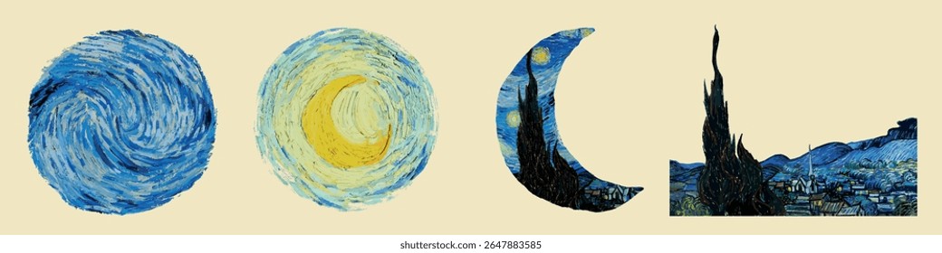 Elementos Van Gogh. Arte abstrata com redemoinhos, luas crescente e cenas noturnas. O azul e o amarelo dominam. Inspirado no estilo de Van Gogh. Redemoinhos e luas criam um efeito sonhador. Conjunto de vetores Van Gogh