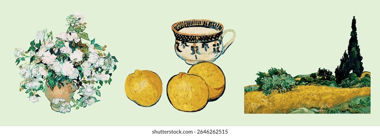 Van Gogh elements. Art collage with flowers, lemons, and landscape. Vibrant flowers, bright lemons, and serene landscape. Artistic depiction of flowers, lemons, and landscape. Van Gogh vector set.