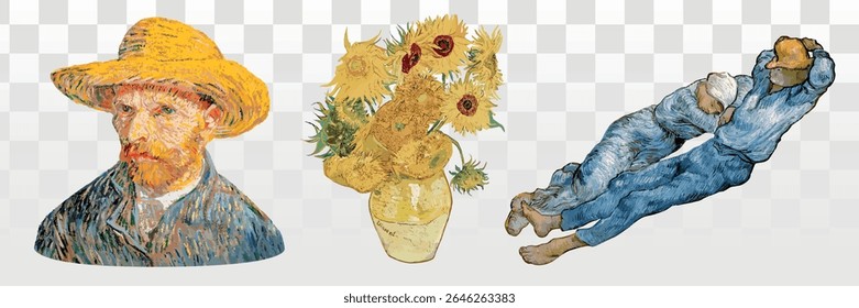 Elementos Van Gogh. Ilustrações artísticas com girassóis, um homem com um chapéu de palha, e duas figuras descansando. Cores vibrantes e pinceladas expressivas em cada arte. Conjunto de vetor Van Gogh.