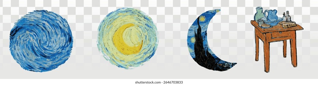 Van Gogh elements. Artistic elements inspired by Van Gogh's Starry Night. Circular, crescent, and landscape shapes with swirling blue and yellow patterns. Iconic Starry Night motifs. Van Gogh vectors.