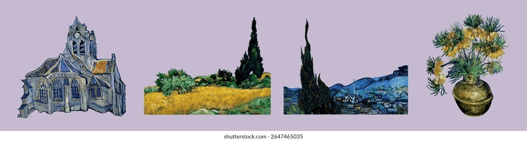 Van Gogh elements. Collage of Van Gogh artworks: church, wheat field, cypress trees, and vase with flowers. Vibrant Van Gogh style, featuring nature and architecture. Van Gogh vector set.