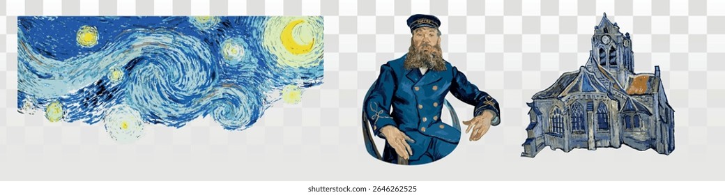 Van Gogh elements. Collage of Van Gogh's art: Starry Night's swirling sky, a man seated in thought, and a church. Van Gogh's style is vivid, expressive, and iconic. Van Gogh vector set.