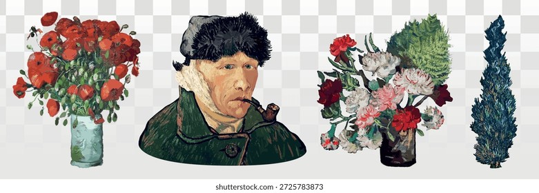 Elementos Van Gogh. Colagem de pinturas Van Gogh: homem com cachimbo, arranjos florais, cores vibrantes. Arte, flores e estilo Van Gogh. Elementos icônicos de Van Gogh. Vetor de impressionismo definido.