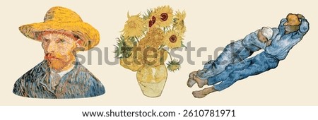 Van Gogh elements. A collection of Van Gogh artworks: a self-portrait with a straw hat, a vase of sunflowers, and two people resting. Vibrant colors and expressive brushstrokes. Van Gogh vector set.