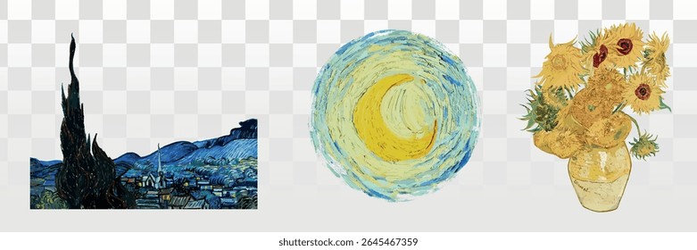 Van Gogh elements. Famous painting of swirling night sky, bright stars, and crescent moon. Iconic artwork with swirling night sky and stars. Vibrant night sky with swirling stars. Van Gogh vector set.