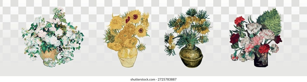 Elementos Van Gogh. Ilustraciones de arreglos florales con girasoles, margaritas y rosas. Girasoles y margaritas en jarrones. Rosas y girasoles en diseños artísticos. Set de Vector Van Gogh.