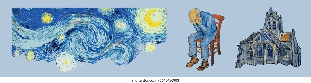 Van Gogh elements. Illustrations inspired by Van Gogh's art: swirling night sky, a man sitting, and a church. Vibrant colors and expressive brushstrokes evoke Van Gogh's style. Van Gogh vector set.