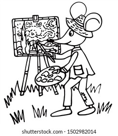 Van Gogh mouse is drawing his famous painting. Black and white vector for card or gift, for coloring.