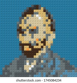Emulación estilo autorretrato Van Gogh. Artista holandés. Mosaico geométrico. Bloques de plástico, ladrillos. ilustración vectorial.