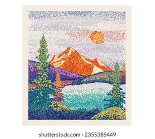 Van Gogh style. Mountain mosaic print for wall decoration. Adventure at the mountain graphic artwork for t shirt and others. Mountain with tree retro print design. Watercolor hand paint landscape. 