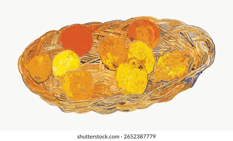 Ainda Vida de Laranjas e Limões de Van Gogh com luvas azuis ilustração vintage isolado em branco, vetor. Ilustração de fruta vintage isolada em branco, vetor. Ilustração de citrinos desenhados à mão.