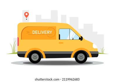 Van with goods going to the address. Delivery service concept.  Vector illustration.