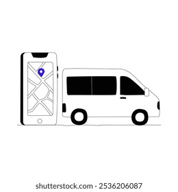 Van With GPS Navigation App In Flat Vector Illustration Symbolizing Transport, Delivery, And Location Tracking, Isolated On White Background