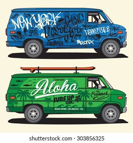 Van graffiti and surf typography, t-shirt graphics, vectors