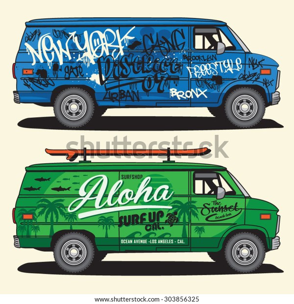 Van graffiti and surf typography, t-shirt\
graphics, vectors