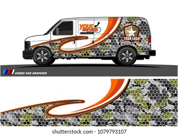 Van Graphic vector design. abstract curved shape with camouflage background for car wrapping and vehicle branding 
