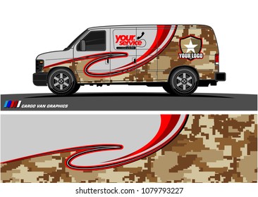 Van Graphic vector design. abstract curved shape with camouflage background for car wrapping and vehicle branding 
