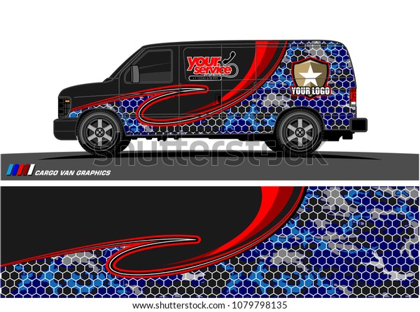 Van\
Graphic vector design. abstract curved shape with camouflage\
background for car wrapping and vehicle branding\
\
