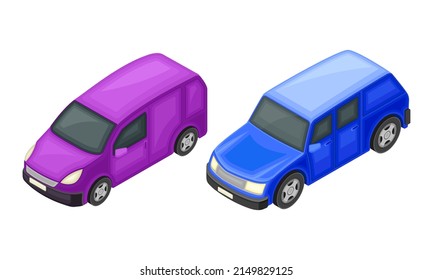 Van and Hatchback as Motor Vehicle and Urban Transport Isometric Vector Illustration Set