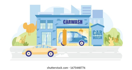 Van Having Carwash Service Flat Cartoon Vector Illustration. Complex Shower with Wax and Soap. Owner Leaving Vehicle for Automatic Washing. Cityscape on Background. Transport on Road.