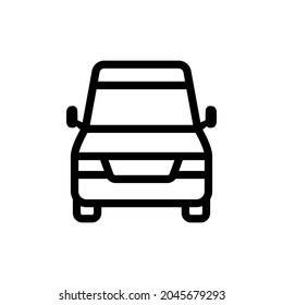 Icono de Van. Silueta lineal de contorno negro. Vista frontal. Ilustración gráfica plana vectorial simple. Objeto aislado sobre un fondo blanco. Aislar.