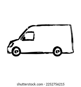 Van icon. Black ink contour linear silhouette. Side view. Vector simple flat graphic hand drawn illustration. Isolated object on a white background. Isolate.