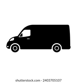 Icono de Van. Minibús de transporte de carga. Silueta negra. Vista lateral. Ilustración gráfica plana vectorial simple. Objeto aislado sobre un fondo blanco. Aislar.