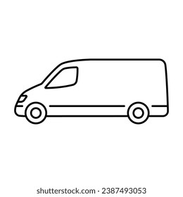 Van Ikone. Cargo Minibus. Schwarze Kontur lineare Silhouette. Seitenansicht. Bearbeitbare Striche. Vektorgrafik, einfache flache Grafik. Einziger Gegenstand auf weißem Hintergrund. Isolieren.